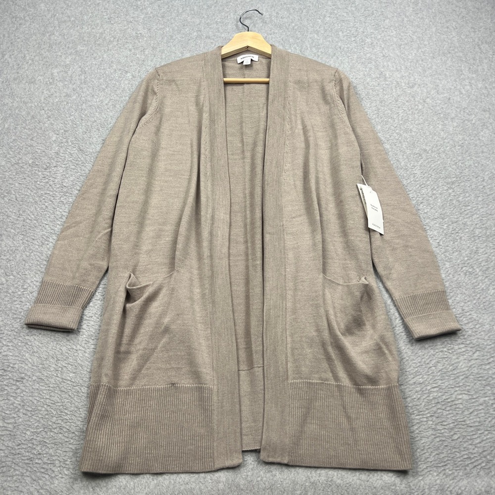 NEW Nordstrom Cardigan Womens Medium Beige Merino Wool Blend Open Front Pockets